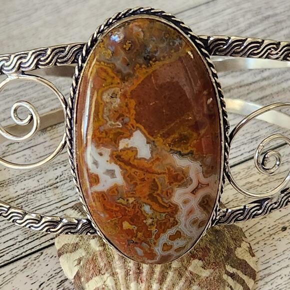 Sunset Blaze Orange Agate Wide Silver Cuff, Vibrant Sterling Silver Bracelet - Picture 7 of 10